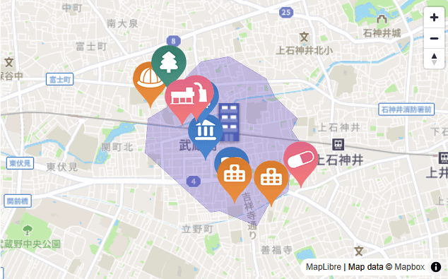 行動範囲マップ（交通手段、時間指定）