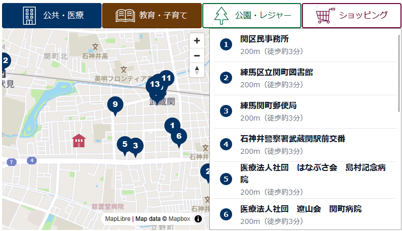カテゴリ別周辺施設マップ（番号アイコン）［osm/mapbox］