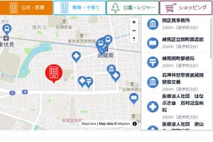 カテゴリ別周辺施設マップ（リスト付き）［osm/mapbox］